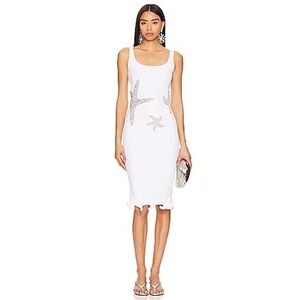 Leslie Amon White Starfish Embellished Midi Dress Silver Sequin Pearl Nautical